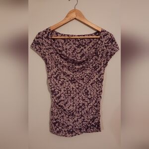 Medium Halogen Cap Sleeve Ruched Cowl Neck Purple and Gray Pattern Top
